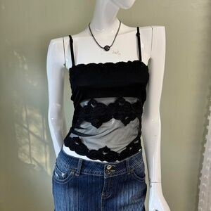 Vtg Black Lace Mesh Semi Sheer Cami Thin Straps
